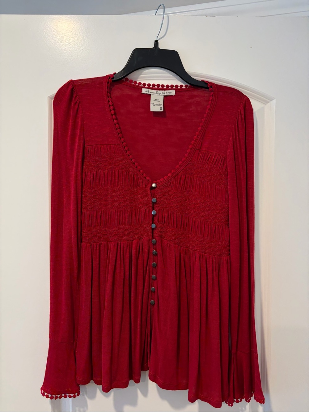 American Ra Red Button-Front Peasant Top